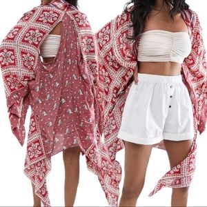 New Free People American Pie Patchwork O/S Pink Ivory Floral Open Kimono | Wrap